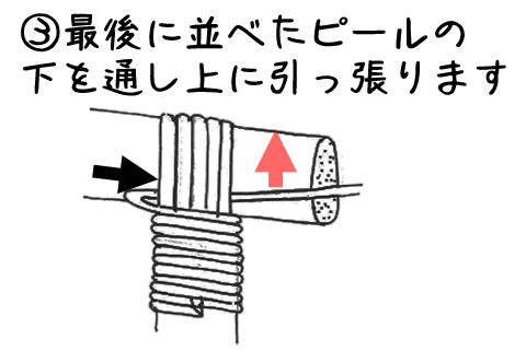 ③最後に並べたピールの下を通し上に引っ張ります。